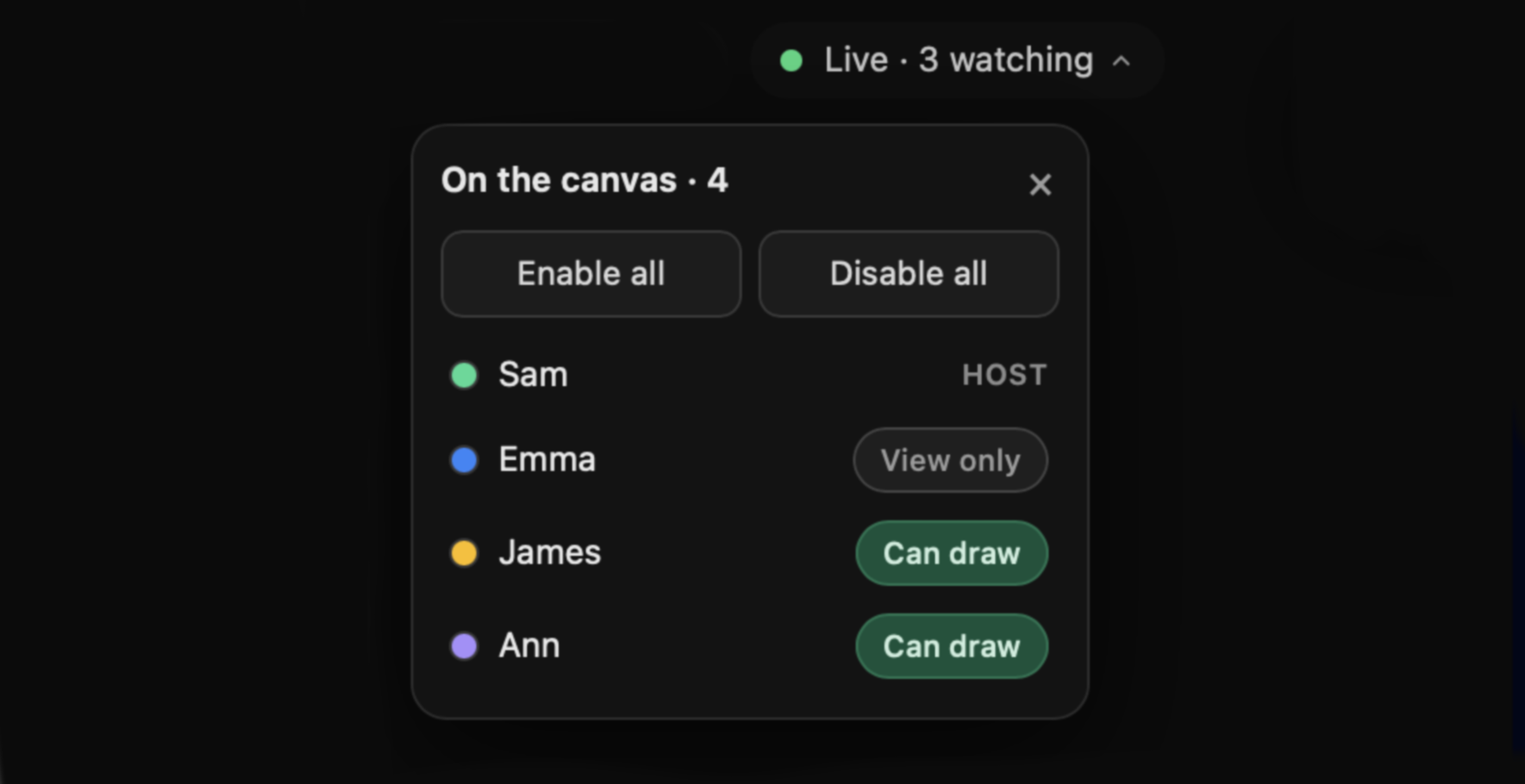 Participant panel showing host, can-draw and view-only roles