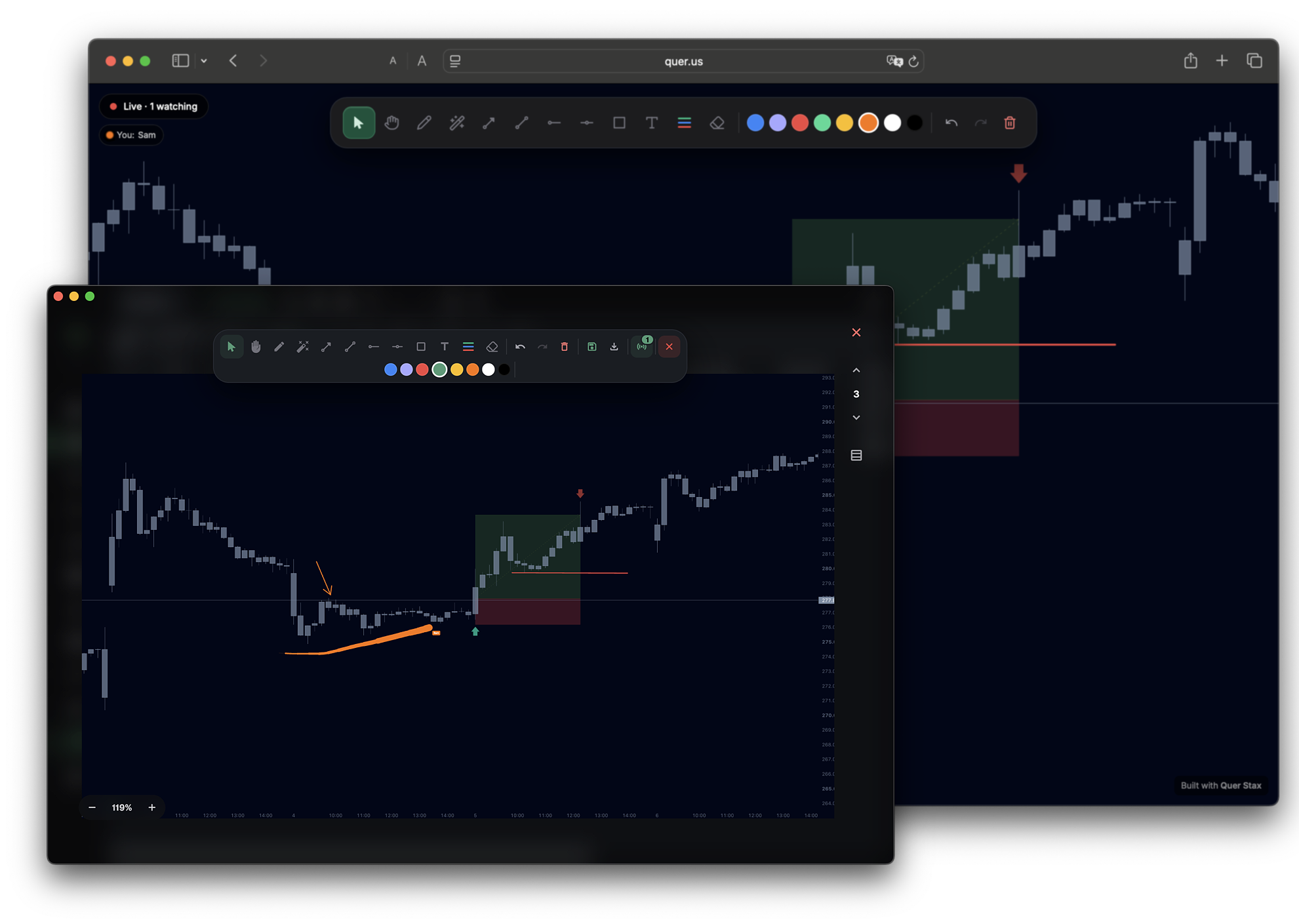 Stax live session — a trader marking up one of their trades in real time, shared live with a Live · watching indicator