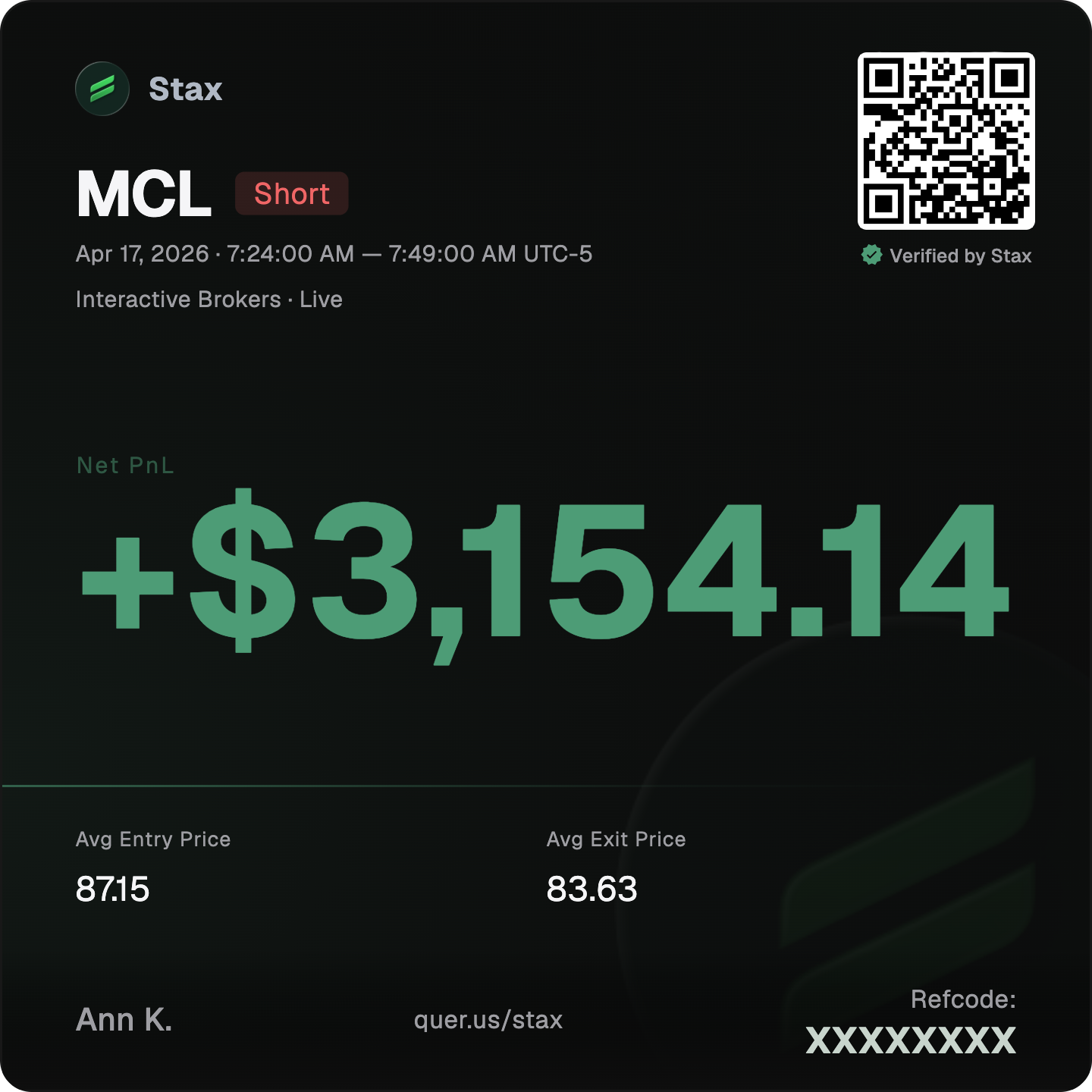 Verified Stax trade card — MCL, net P&L with a scannable QR