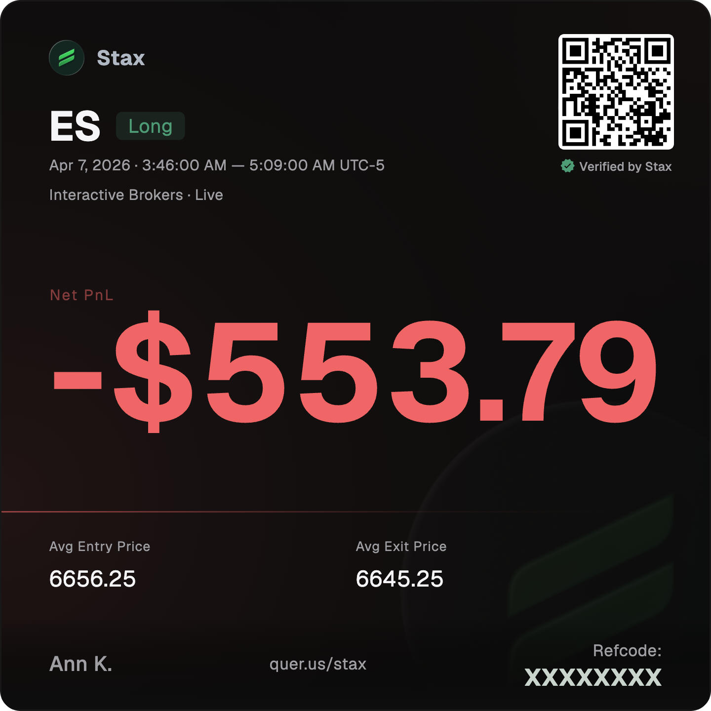 Verified Stax trade card — ES, net P&L with a scannable QR