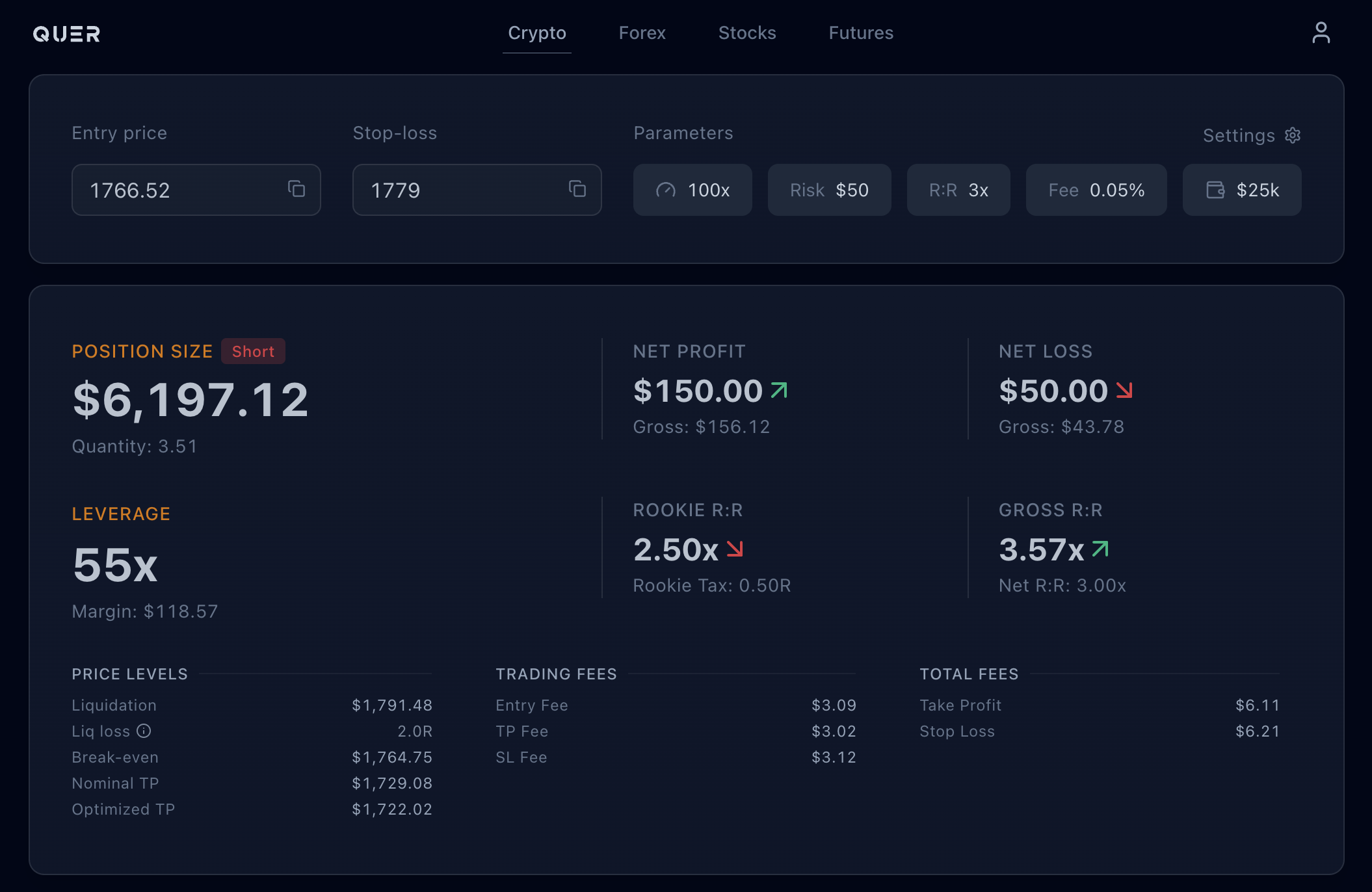 Quer Calculator — real-time position sizing with Net Risk / Net R:R